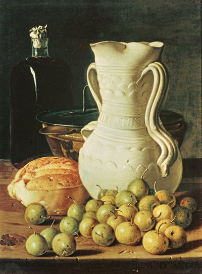 Still Life with bread, greengages and pitcher by Luis Egidio Melendez